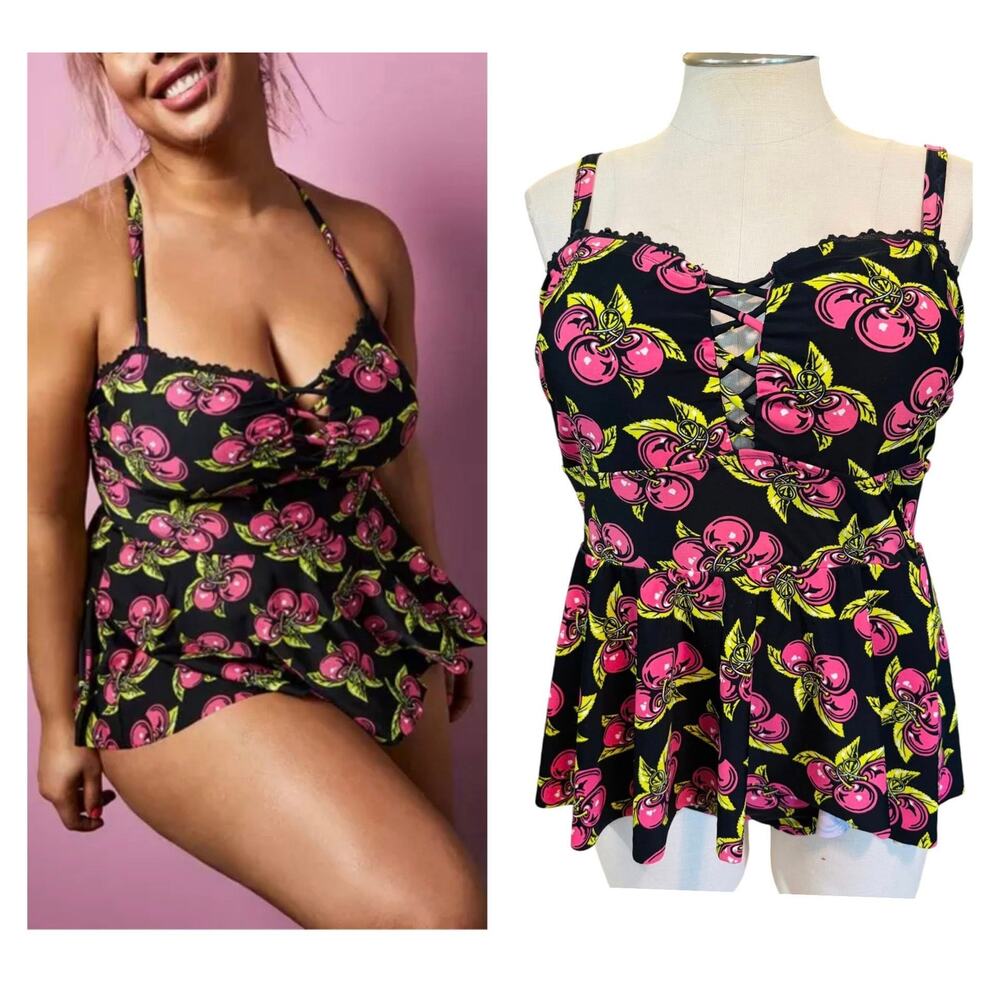 Torrid Plus‎ Size 2 One Piece Betsey Johnson Cherry Swim Dress Wireless Swimsuit